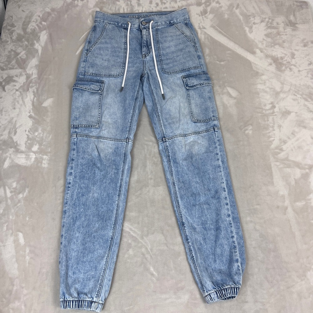 American Eagle Cargo Jogger Pants Womens 2 X-Long Blue Denim Utility Streetwear